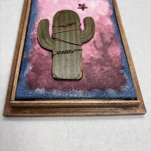 Mixed Media Wall Art Saguaro Cactus Pink Sunset Star Desert Wood Southwest 6 x 8 - Picture 3 of 5
